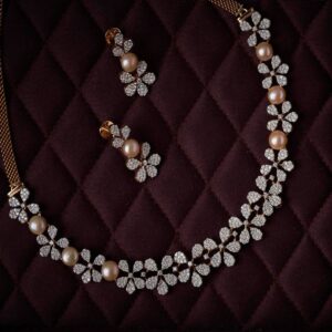 18KT Rose Gold  Floral Design Diamond Necklace with Pearls